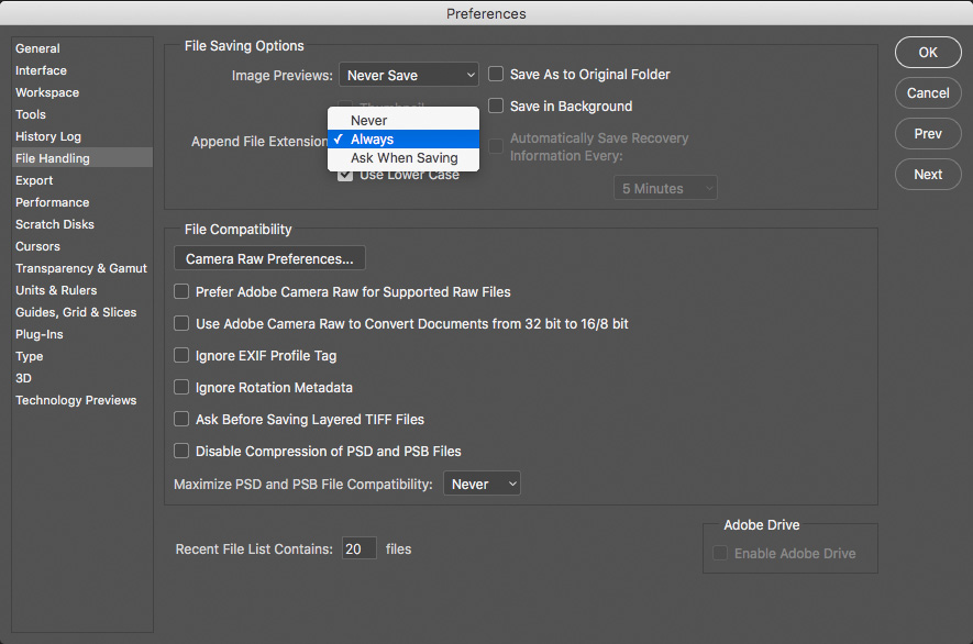 Photoshop append file extensions turned on